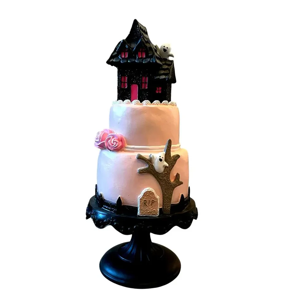 Viral Pink & Black Halloween Haunted House Faux Cake 22in Glitter Ghosts NEW